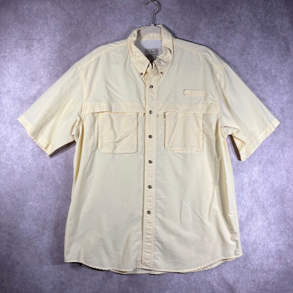 L.L. Bean Fishing Shirt Men Large Yellow Button Down Short Sleeve Vented Outdoor
